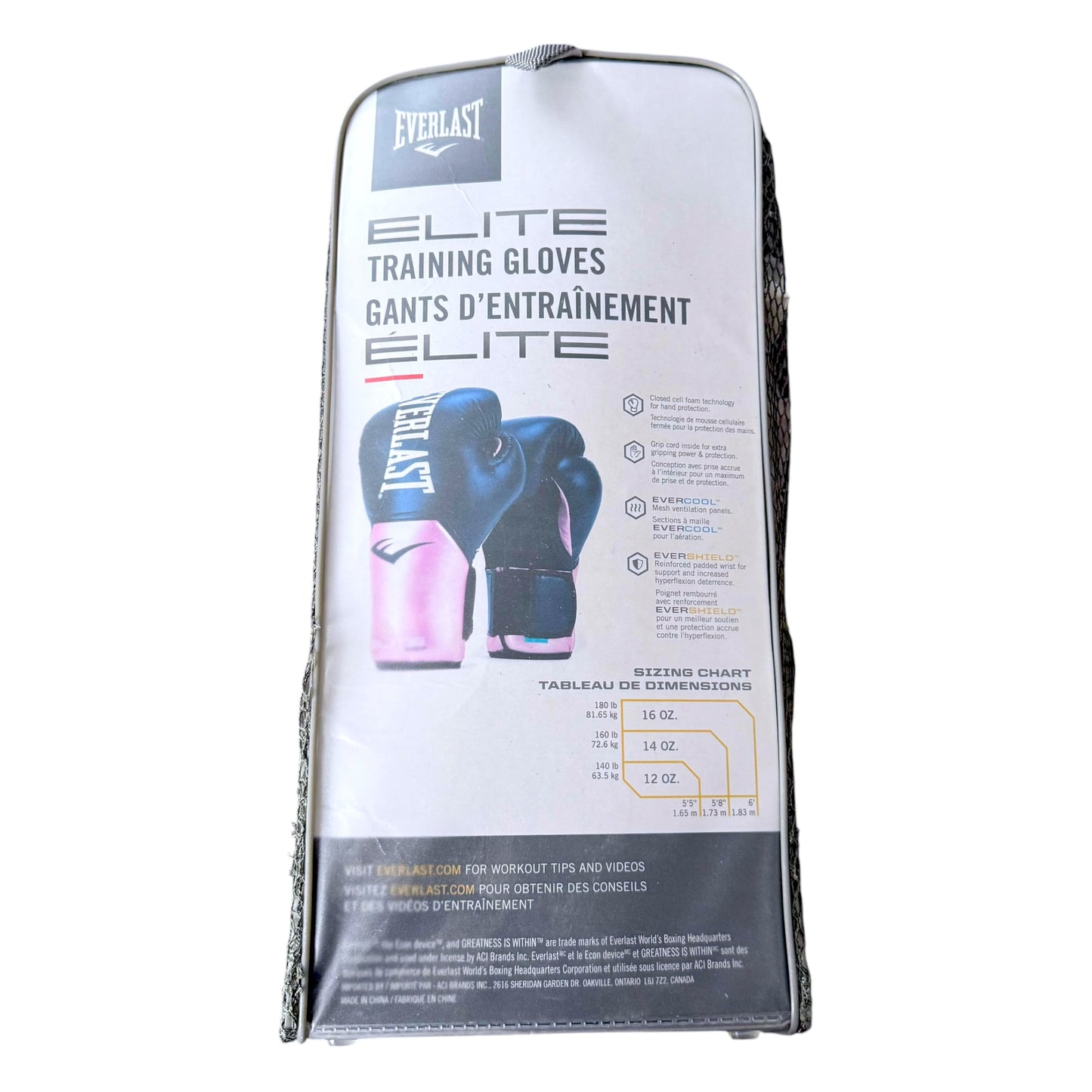 Everlast Elite Training Gloves in a black carrying sleeve, featuring a size chart and product details on the front.