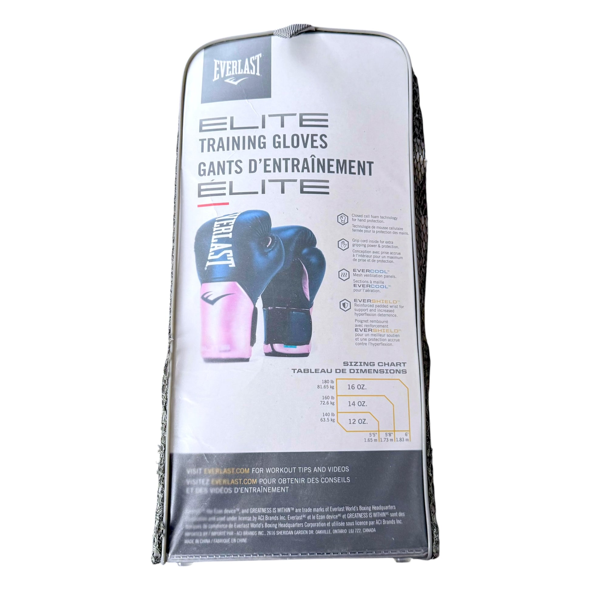 Everlast Elite Training Gloves in a black carrying sleeve, featuring a size chart and product details on the front.