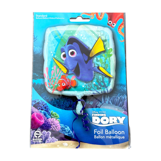 Disney Finding Dory foil balloon in its retail packaging, featuring Dory and Nemo on a blue underwater-themed card backing.