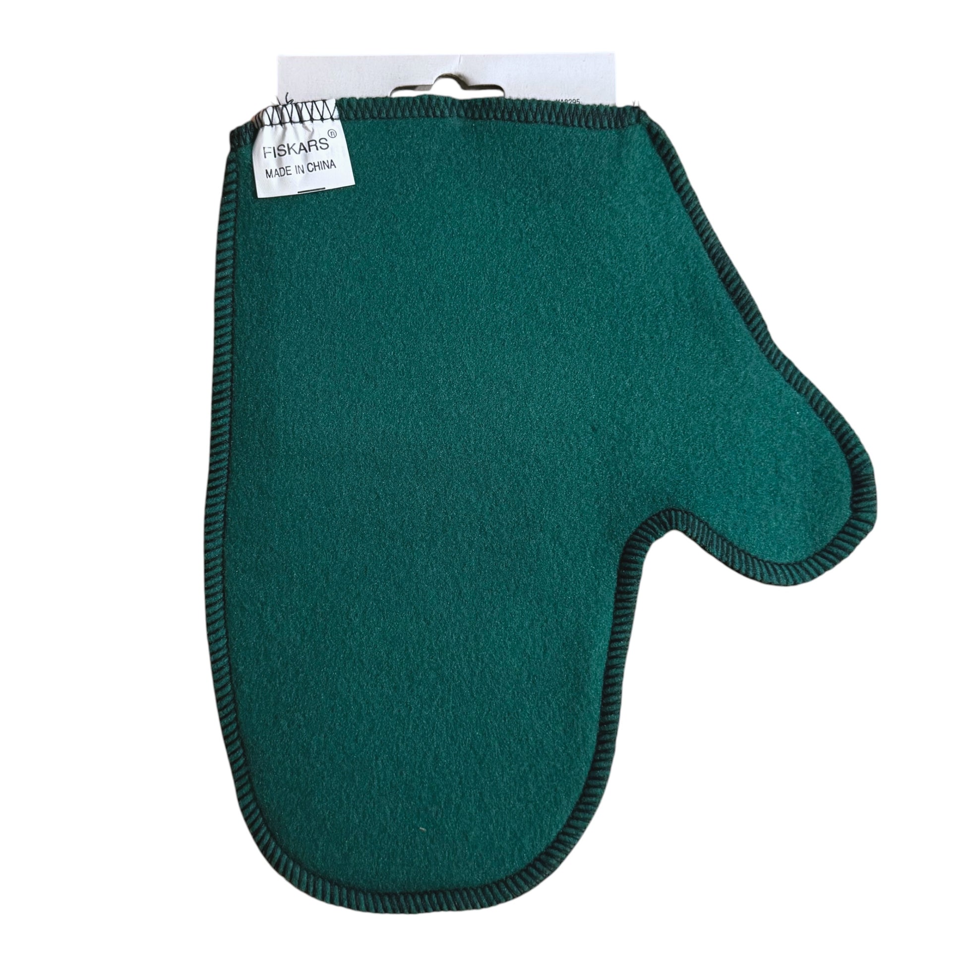 A dark green felt mitt with black stitched trim, shown flat against a white background with its paper header card attached.