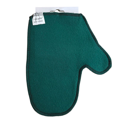 A dark green felt mitt with black stitched trim, shown flat against a white background with its paper header card attached.