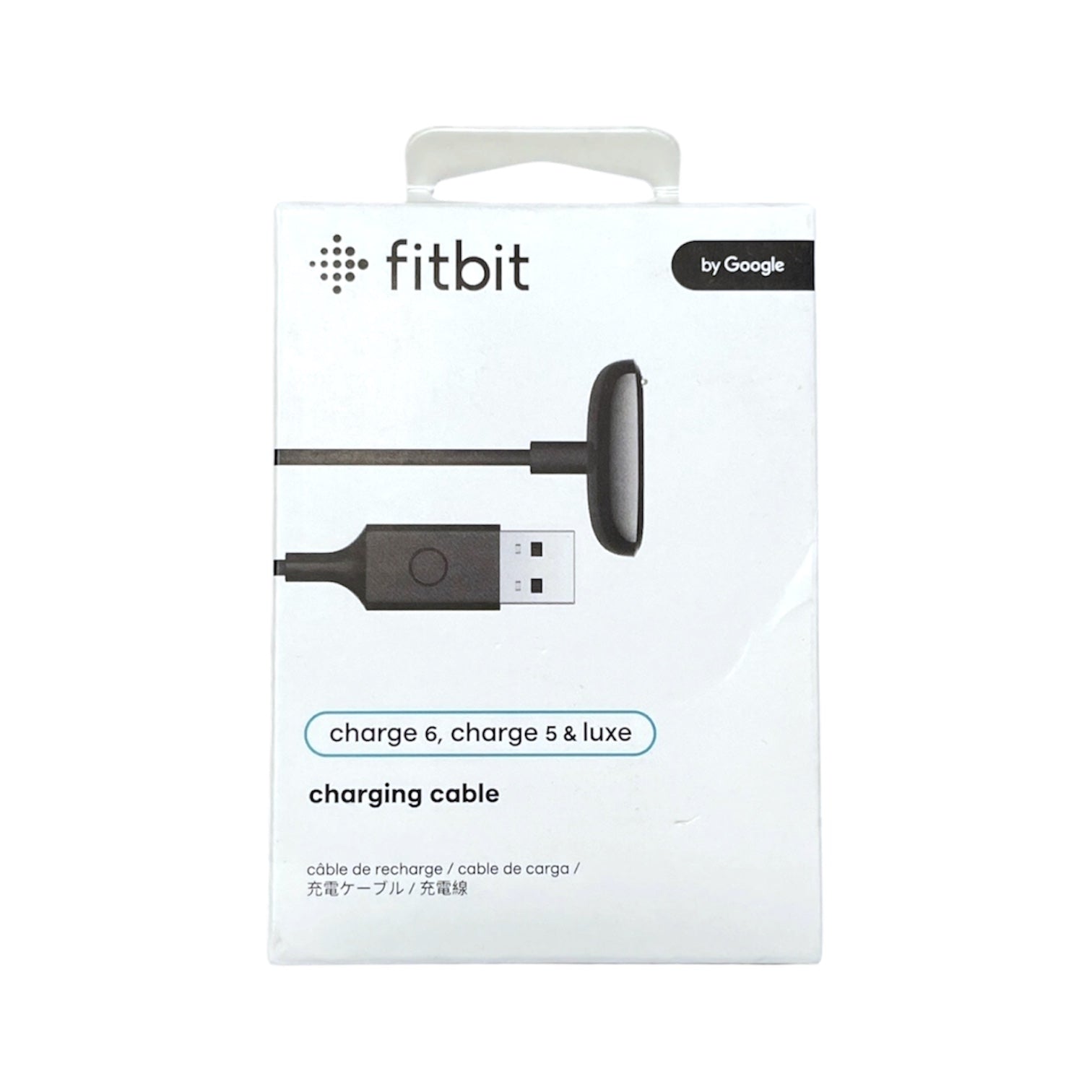Fitbit charging cable packaging on a white background
