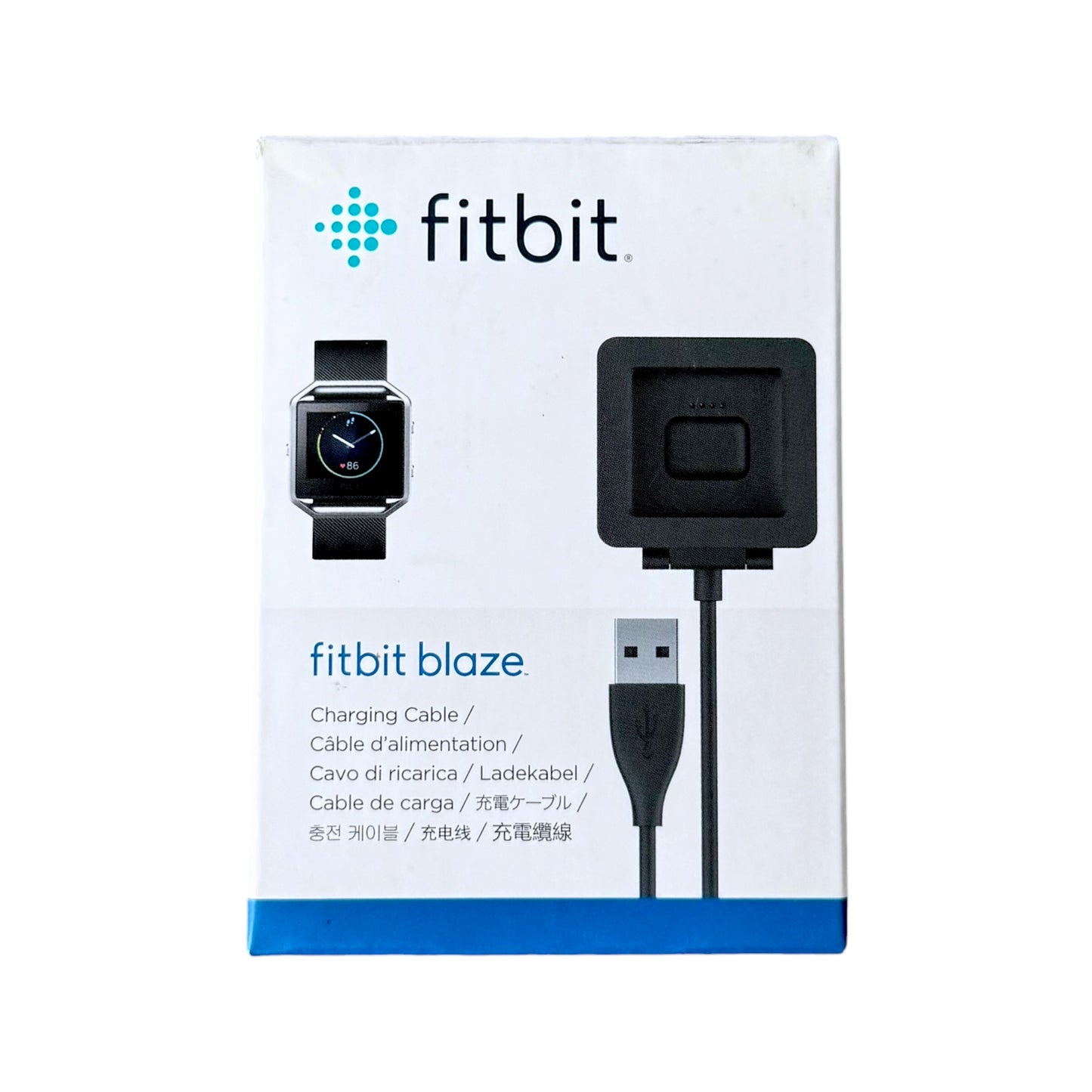 Fitbit Blaze charging cable shown in its retail packaging box. The white box features the blue and teal Fitbit logo, an image of a Fitbit smartwatch, and a graphic of the black square charging connector with a USB cable.