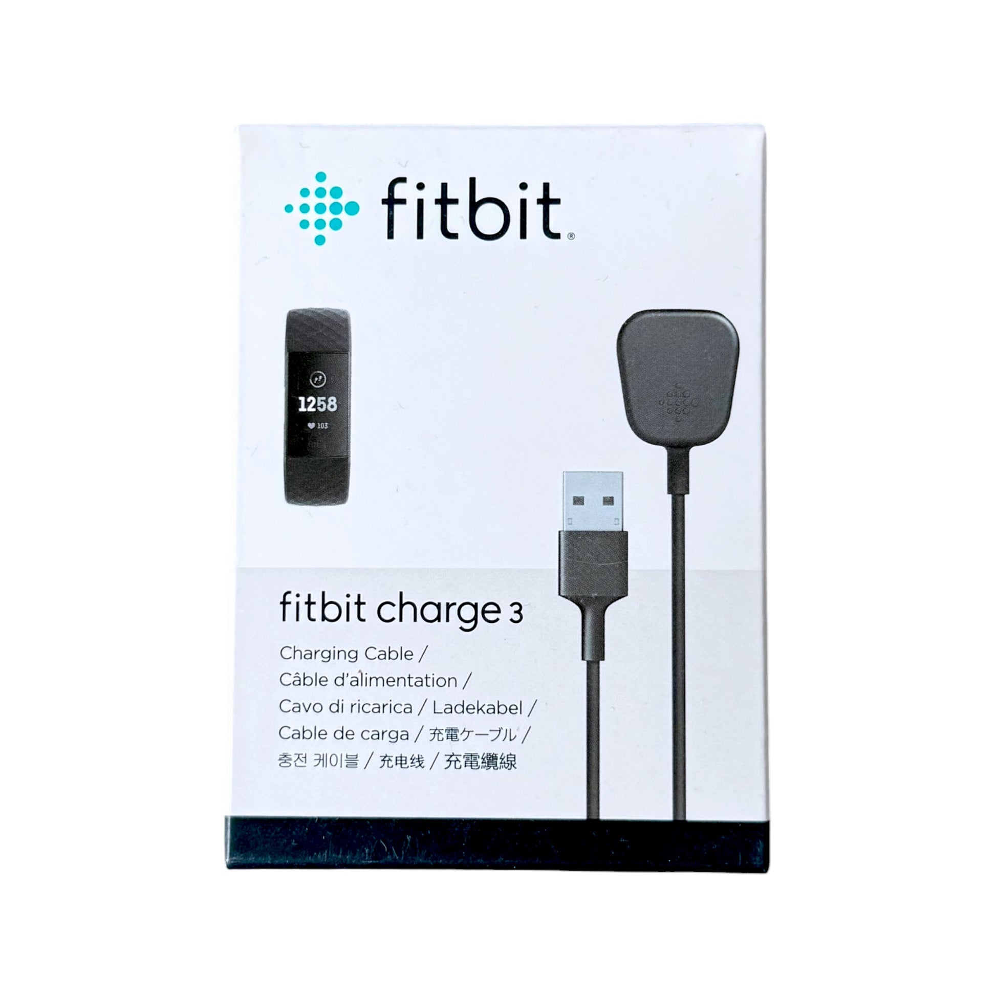 Fitbit Charge 3 charging cable retail packaging box on a plain white background, showing the Fitbit logo, product name, and illustrations of the charging cable and tracker.