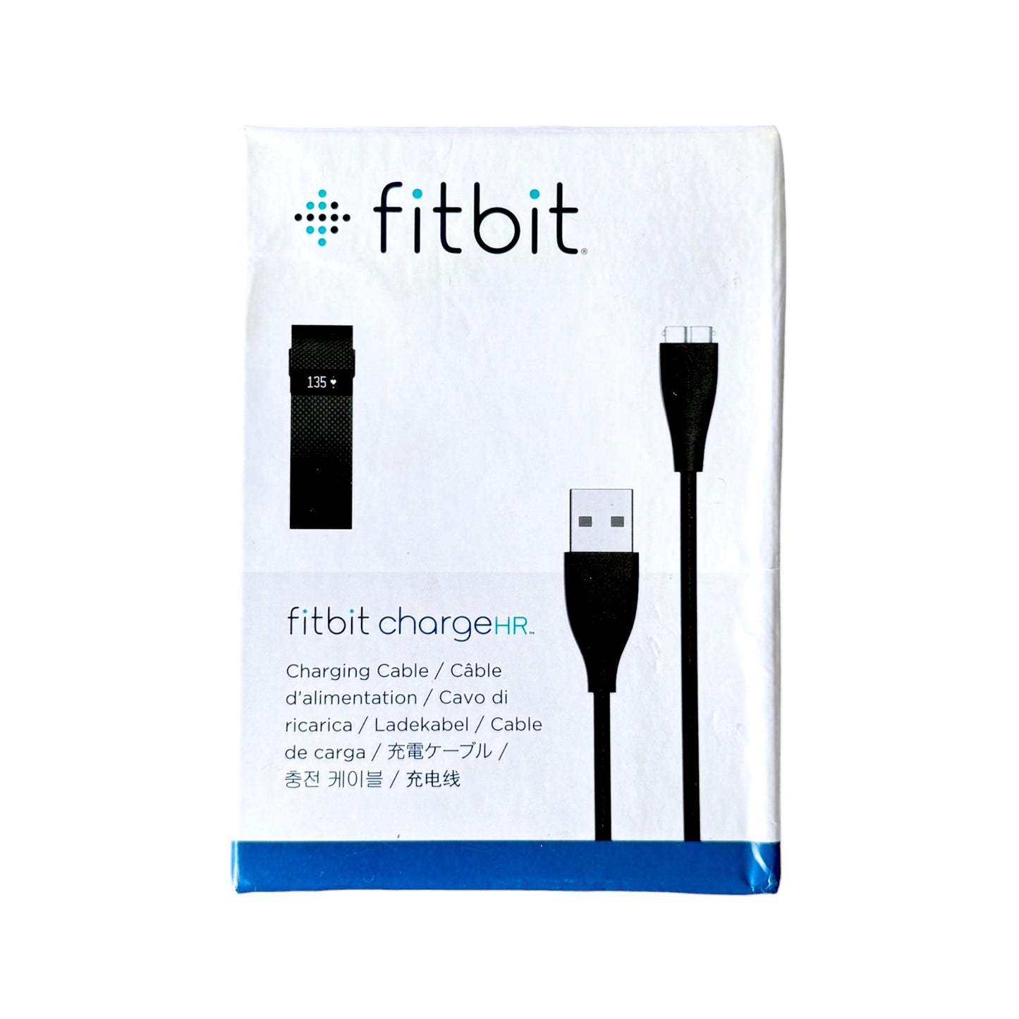 Fitbit ChargeHR charging cable retail packaging on a white background, showing the Fitbit logo, product name, and black cable/connector graphics.