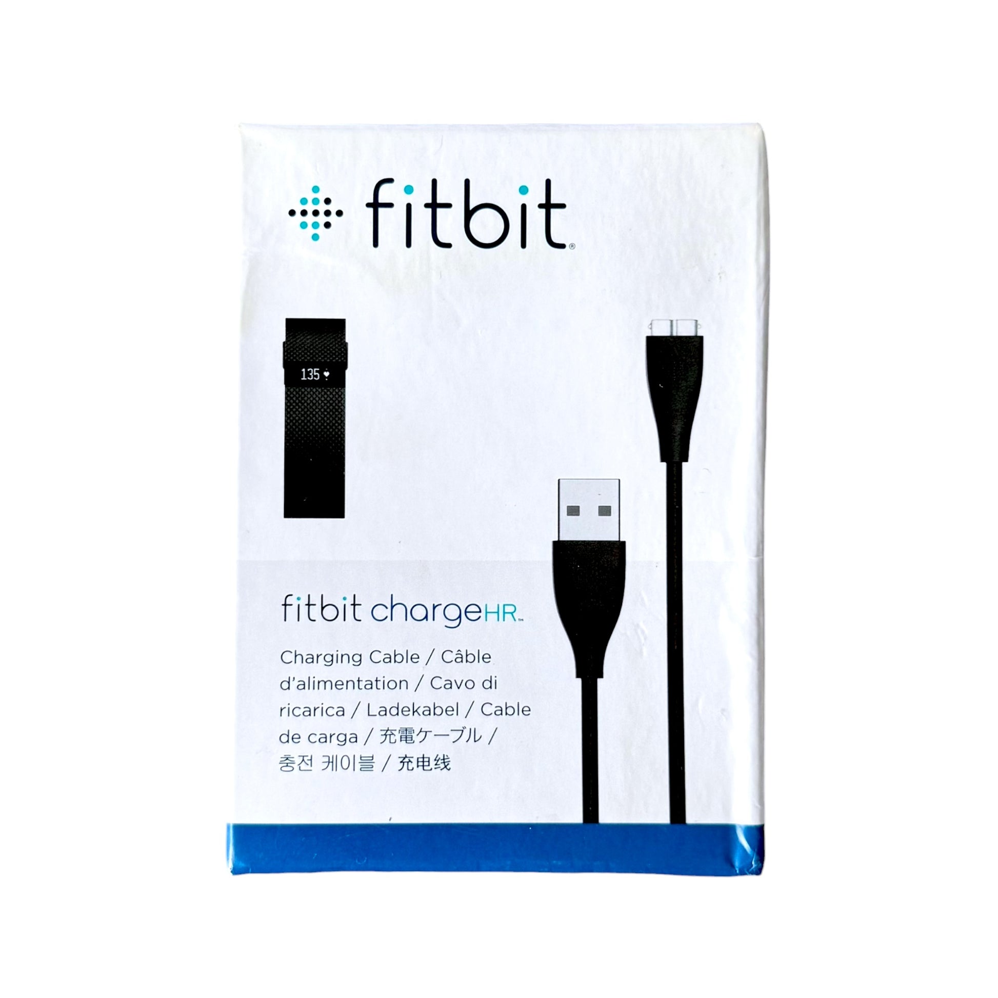 Fitbit ChargeHR charging cable retail packaging on a white background, showing the Fitbit logo, product name, and black cable/connector graphics.