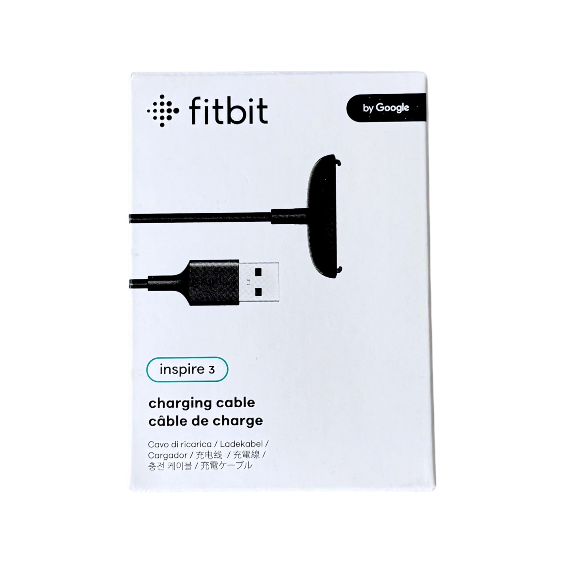 Fitbit Inspire 3 charging cable retail packaging box, featuring a black USB cable illustration on a white background with 'fitbit' and 'by Google' branding.