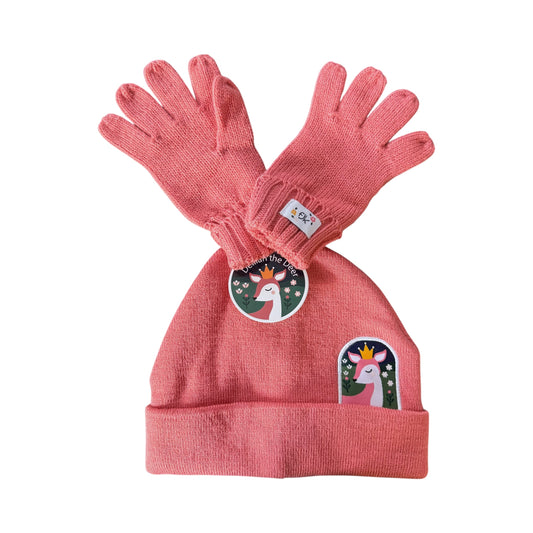 A FlapJackKids pink knit kids beanie hat with matching knit gloves, featuring a cartoon deer patch on the front and a small white size tag on the cuff.