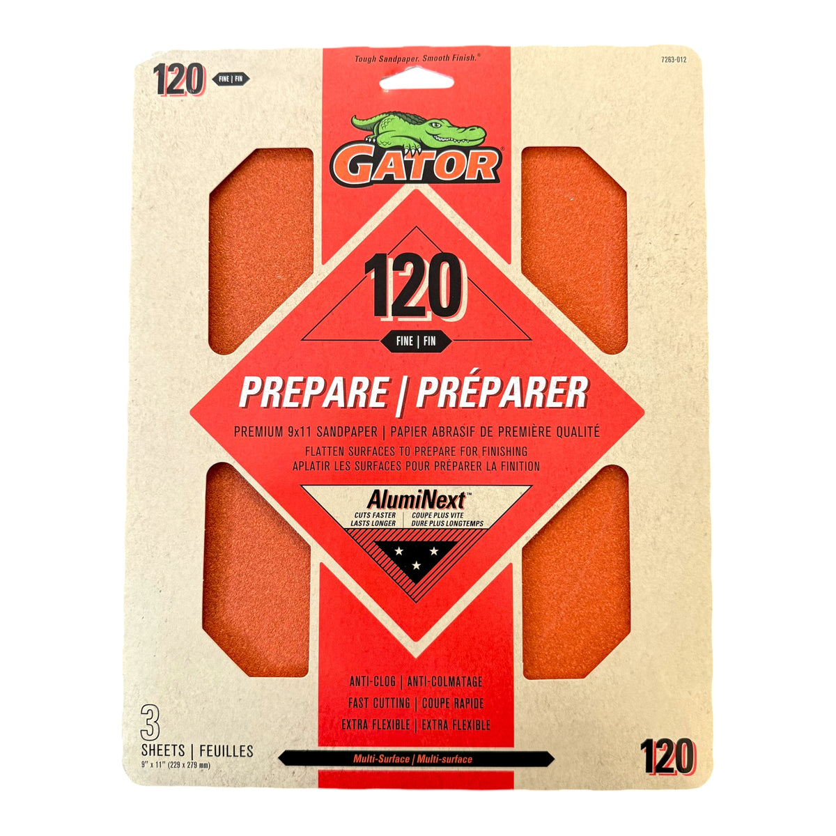 Gator sandpaper package with red and beige design on a white background