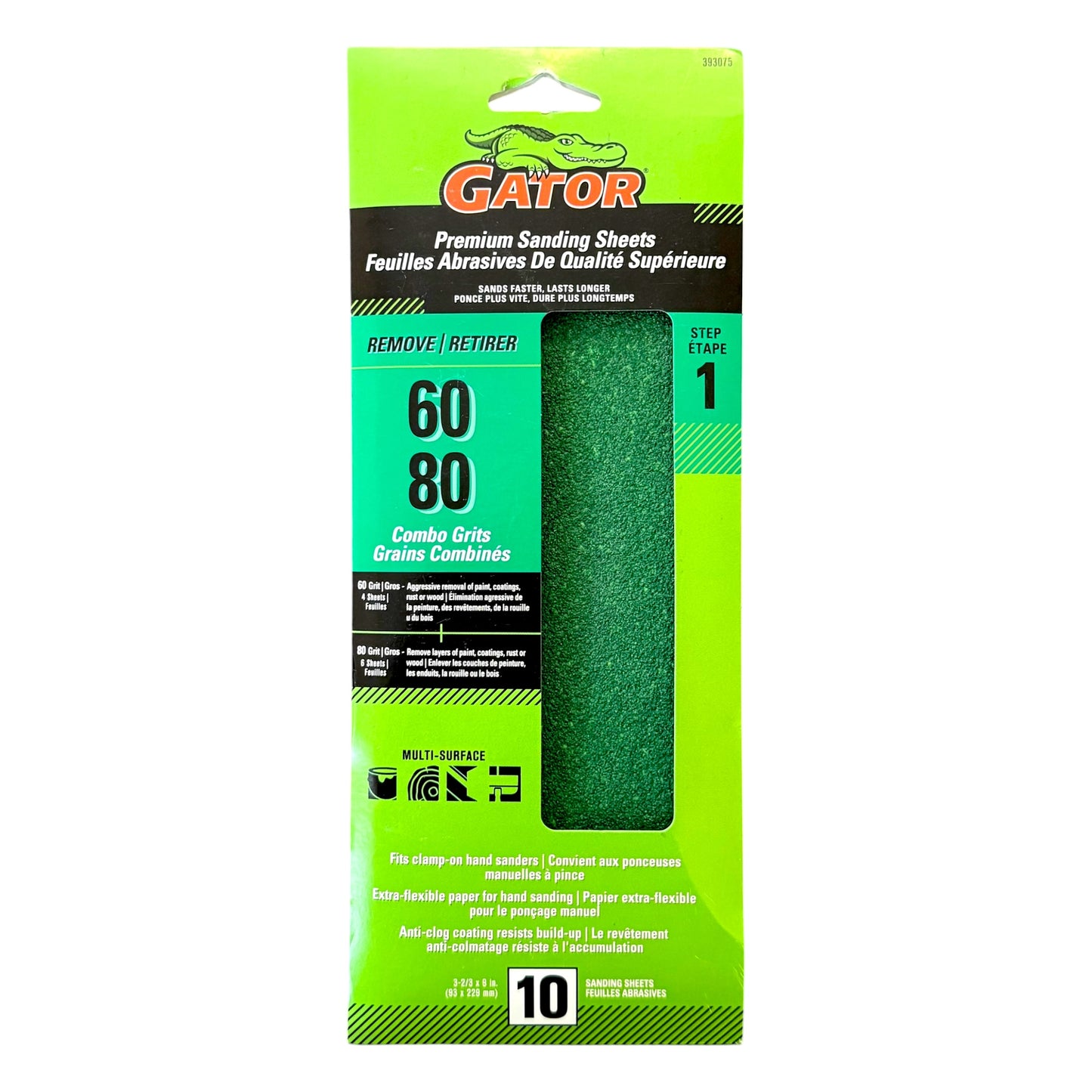 Gator sanding sheets packaging with green sandpaper and white background