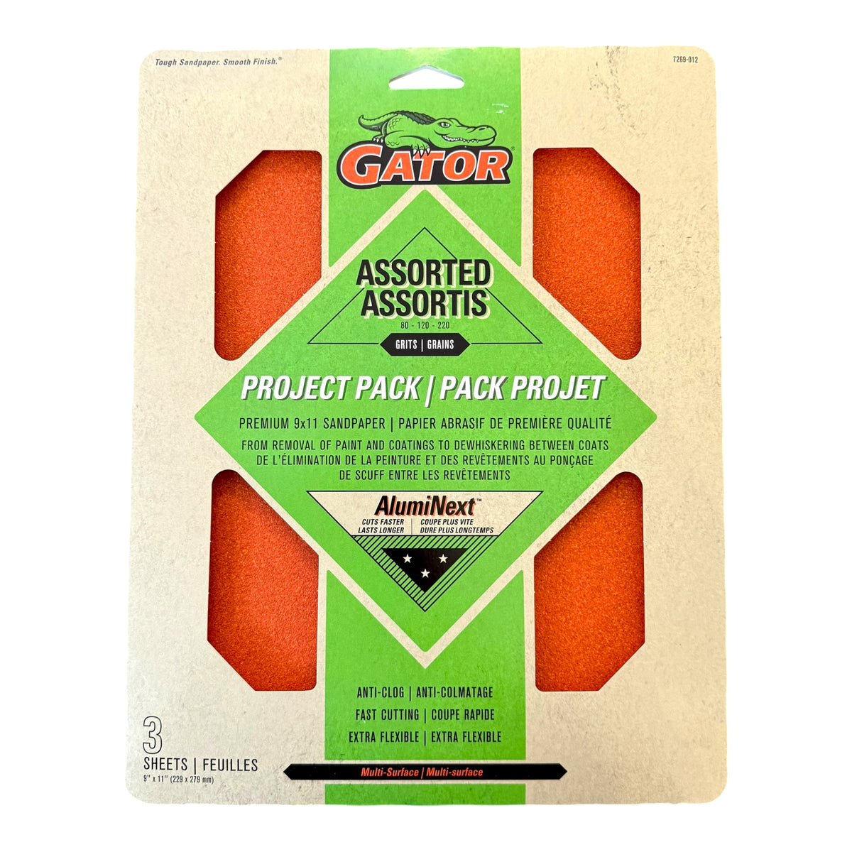 Gator sandpaper project pack with green and beige design on a white background