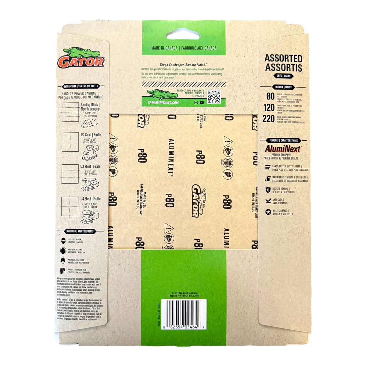 Cardboard packaging of Gator sandpaper with product details on a white background