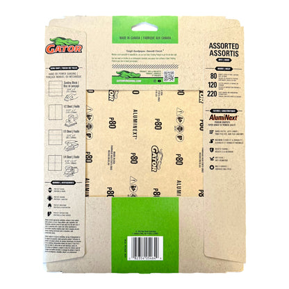 Cardboard packaging of Gator sandpaper with product details on a white background