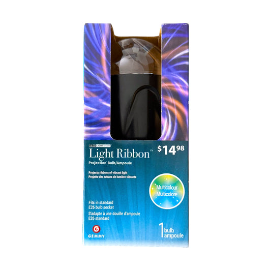 GEMMY Light Ribbon Projection Bulb in its retail packaging, featuring a blue and purple design with a clear window showing the black bulb inside.