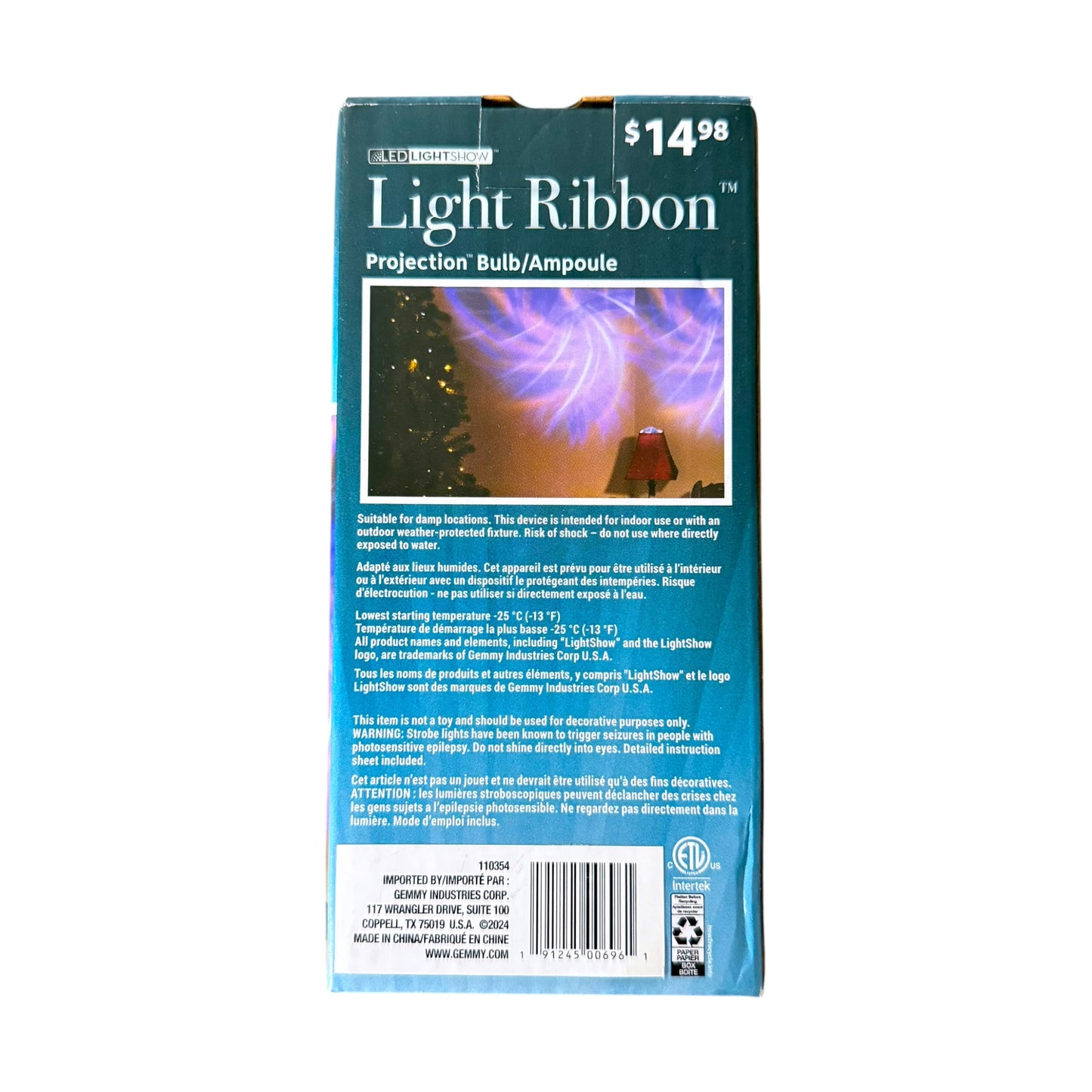 The back of a Light Ribbon projection bulb packaging box, featuring a teal background, product name in white, a demonstration photo of purple light trails, and product details at the bottom.
