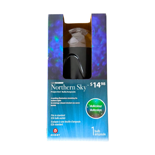 Northern Sky Projection Bulb in its original retail packaging, featuring a blue and purple holographic box with a clear window showing the black bulb inside.