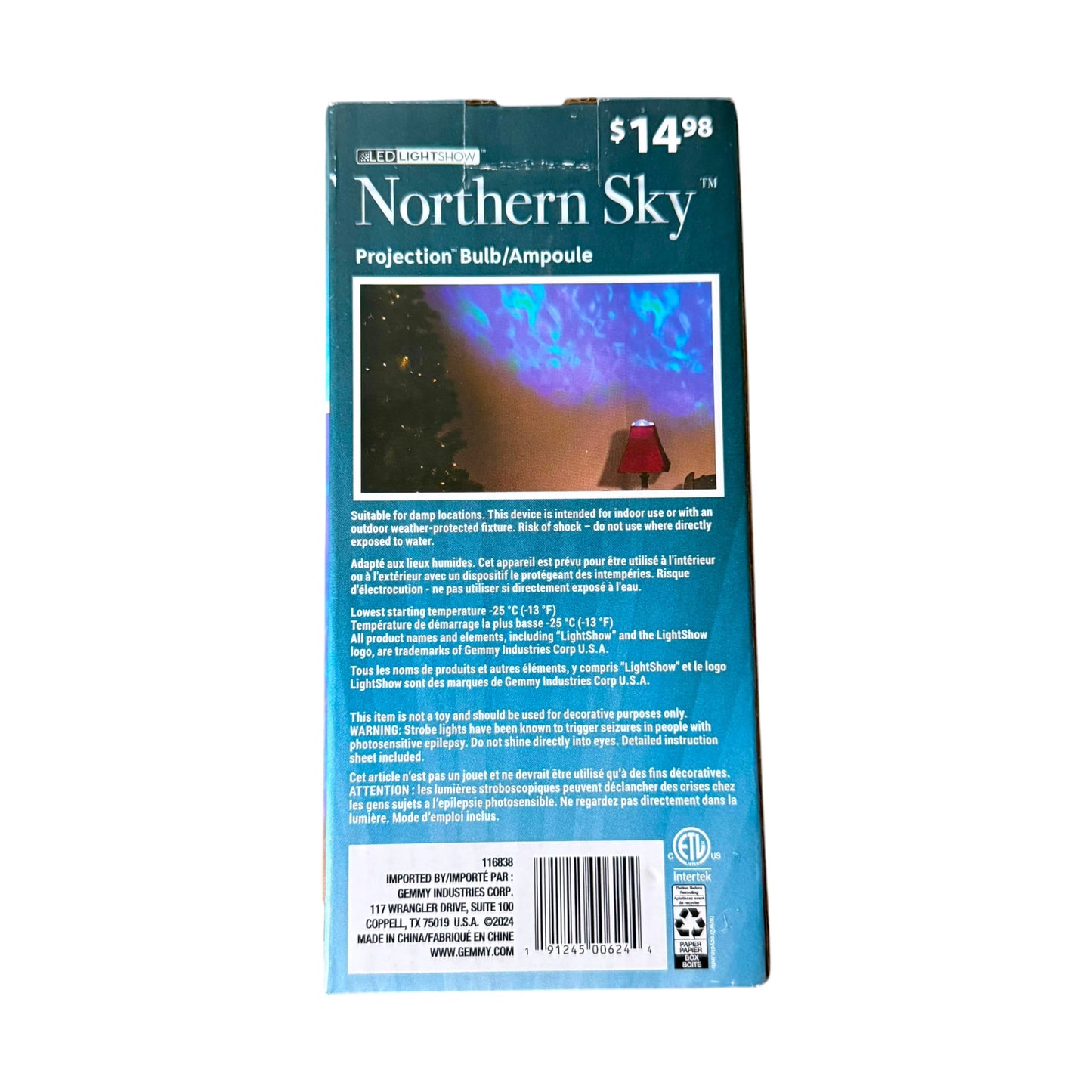 Back of a Northern Sky projection bulb package, showing product details, text, a small demonstration photo, and a barcode on a white background.