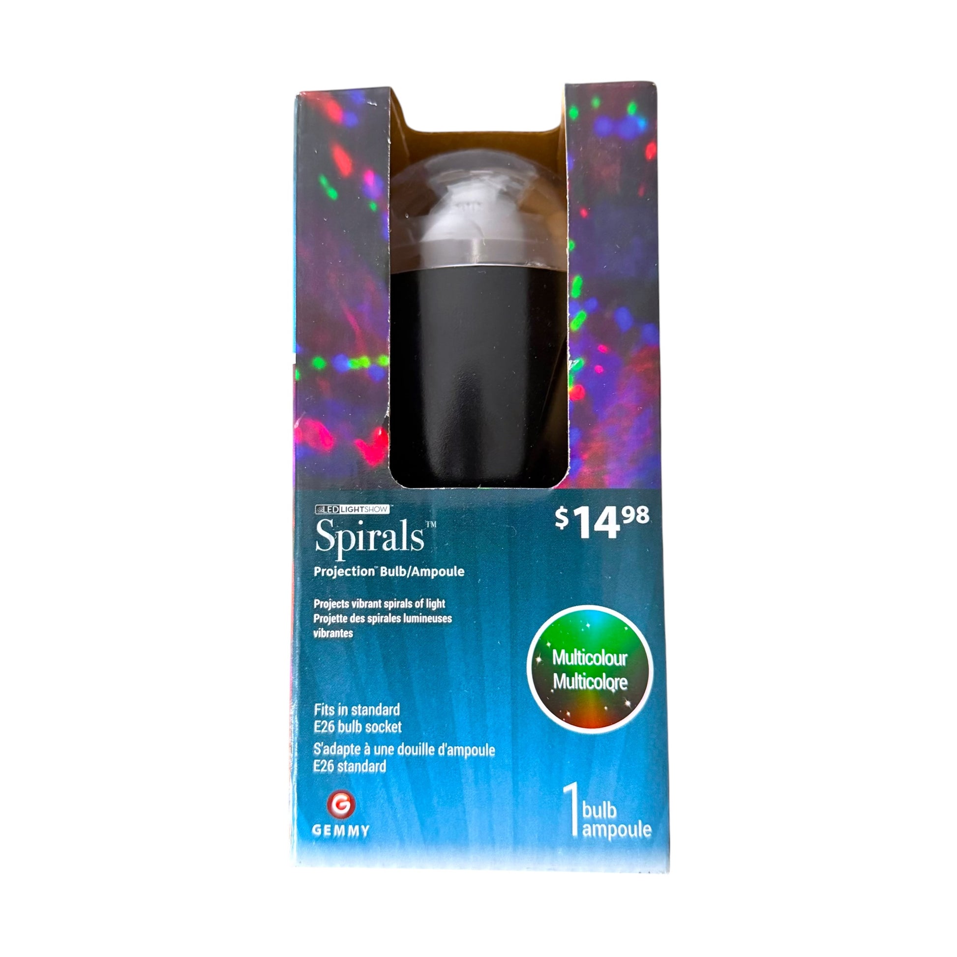GEMMY Spirals Projection Bulb in its original retail packaging, featuring a black bulb with a clear cap inside a blue and multicolor box.
