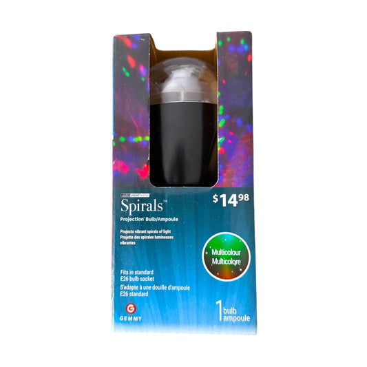 GEMMY Spirals Projection Bulb in its original retail packaging, featuring a black bulb with a clear cap inside a blue and multicolor box.