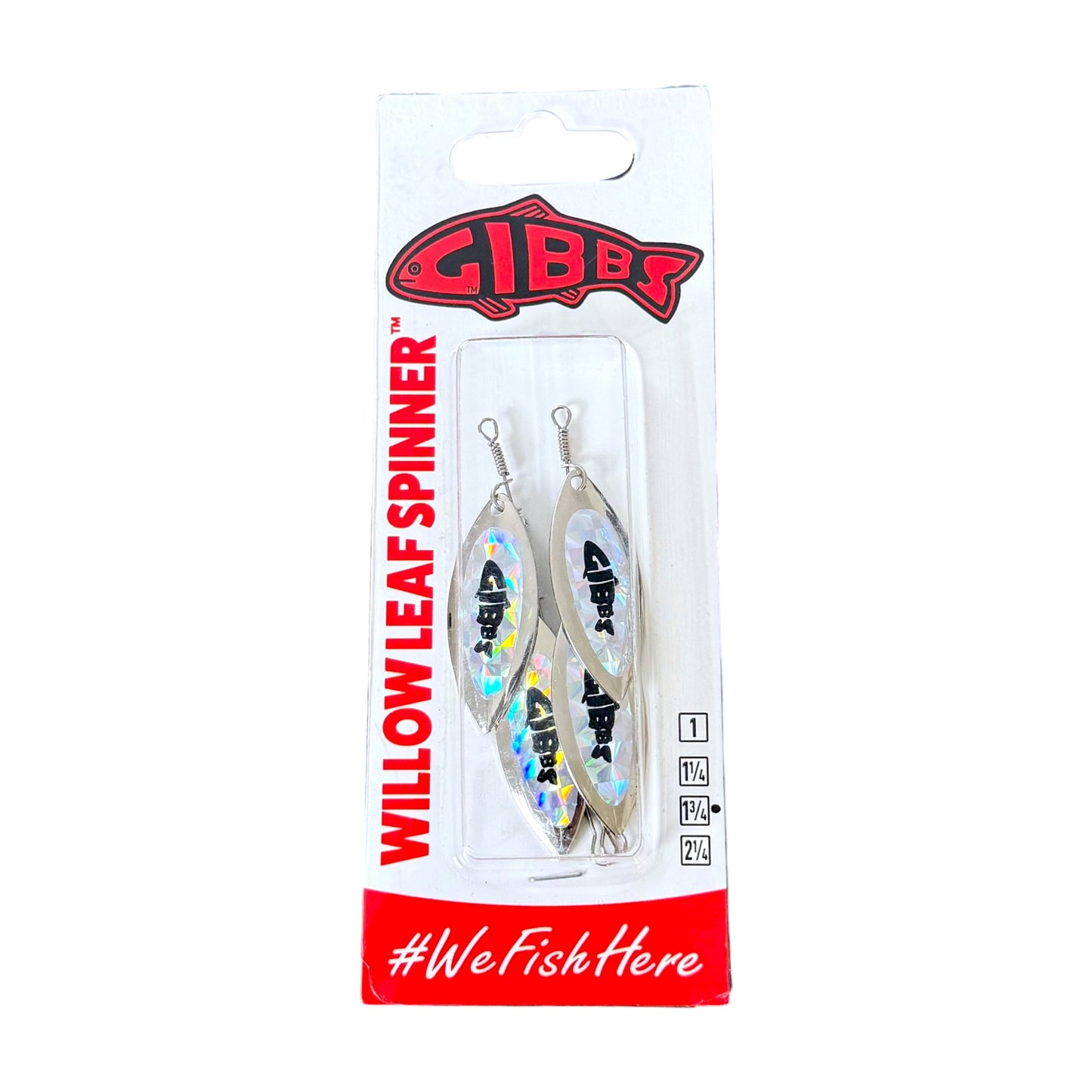 Gibbs Willow Leaf Spinner fishing lure in its original white and red blister card packaging, featuring two silver leaf-shaped lures with holographic iridescent bodies and black fish graphics.