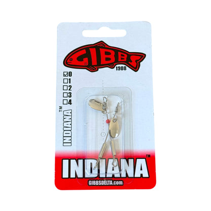 Gibbs Indiana fishing lures in their original blister card packaging, featuring a nickel finish and a small red bead