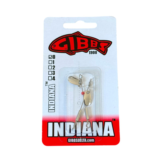 Gibbs Indiana fishing lures in their original blister card packaging, featuring a nickel finish and a small red bead
