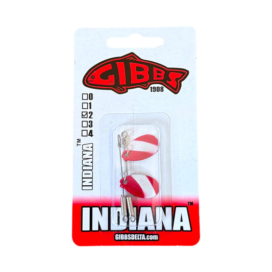 Gibbs Indiana fishing spinners in their original blister card packaging, featuring a red and white striped top and a silver metal bottom.