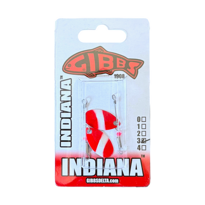Gibbs Indiana fishing spinners in red and white striped pattern, in its original white and red blister card packaging.