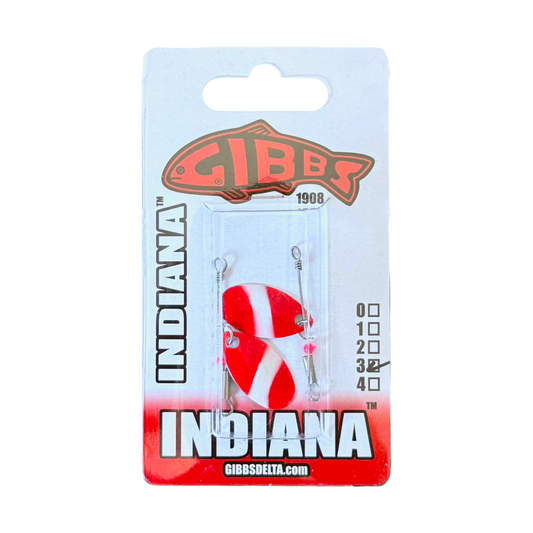 Gibbs Indiana fishing spinners in red and white striped pattern, in its original white and red blister card packaging.