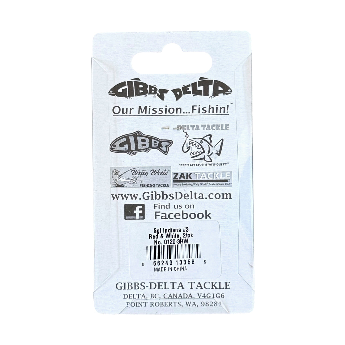 Gibbs-Delta spinners packaging card, featuring the brand logo, website, and product details