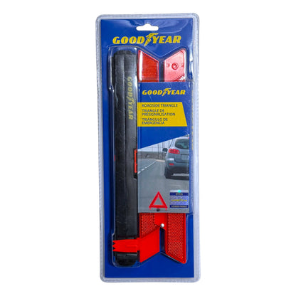 Goodyear Roadside Safety Triangle kit in its original blue blister packaging. Shown on a white background.