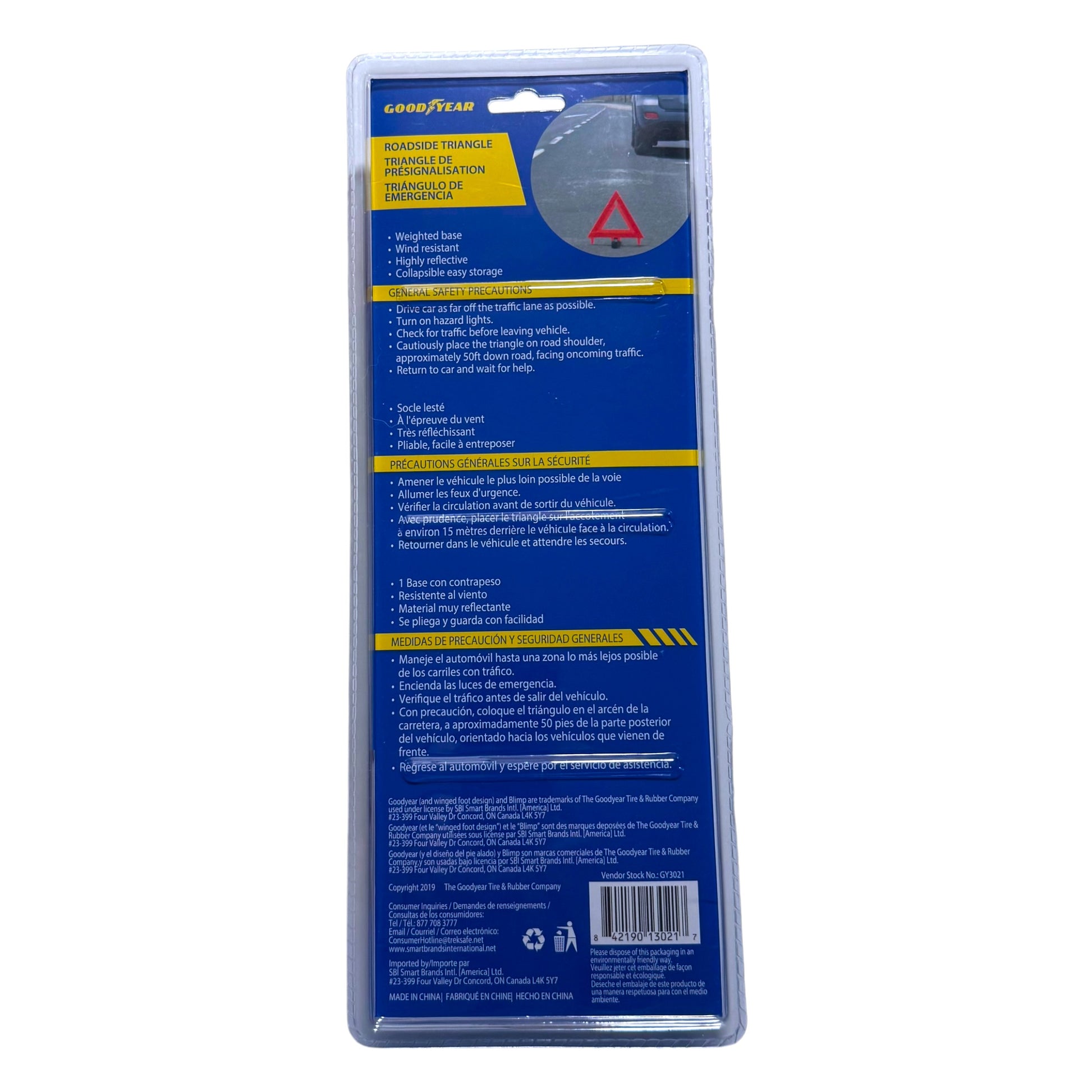Goodyear Roadside Safety Triangle packaging, showing the blue and yellow back of the blister card with product details and a small photo of the reflector.