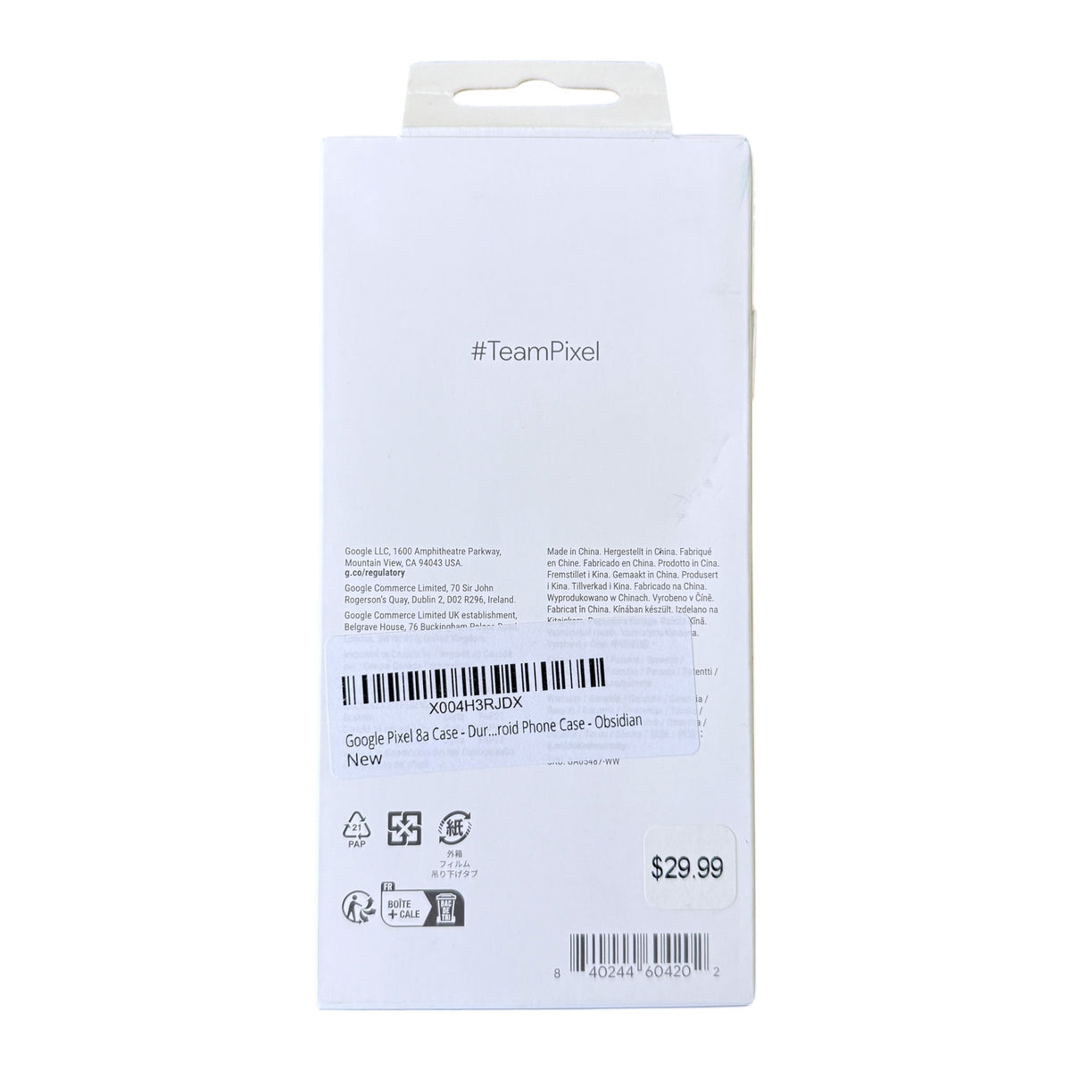 Black Google Pixel 8a Case in retail packaging on a white background