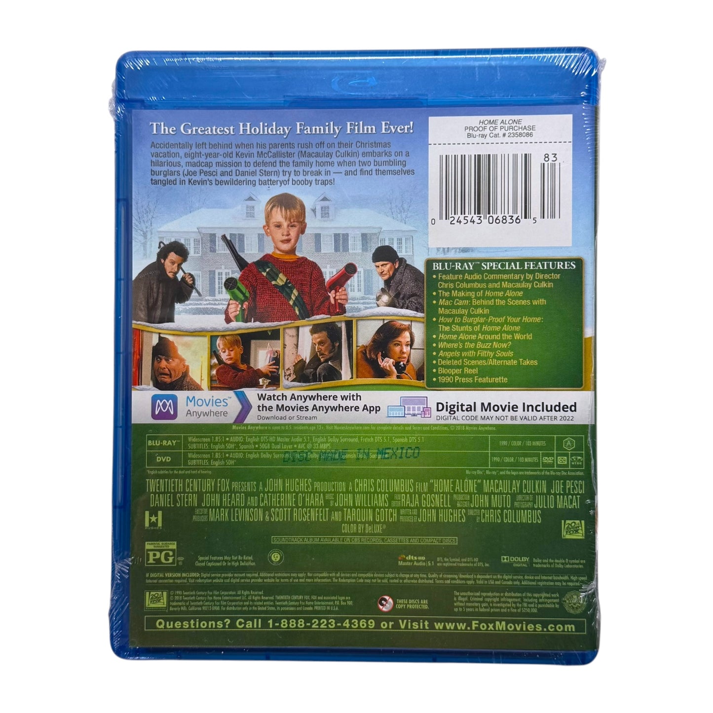 Back cover of a Blu-ray copy of Home Alone with images of characters and text.