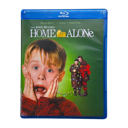 Blu-ray and DVD cover of 'Home Alone' with a child's face and two characters in the background.