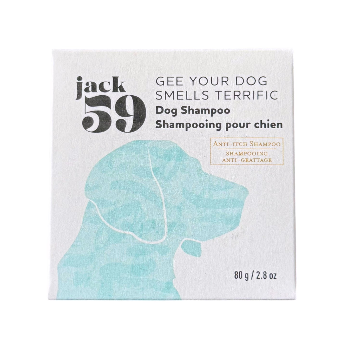 A square white box of jack 59 Dog Shampoo, featuring a light blue dog silhouette and black text on a clean white background.