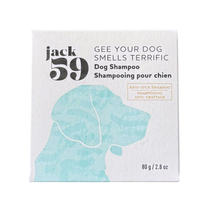 A square white box of jack 59 Dog Shampoo, featuring a light blue dog silhouette and black text on a clean white background.