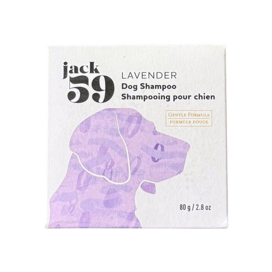A square box of jack 59 Lavender Dog Shampoo on a plain white background. The packaging is off-white with a stylized lavender watercolor dog silhouette and black text.