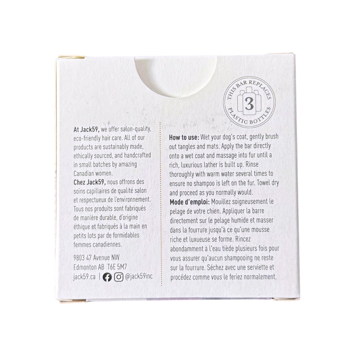 The back of a white cardboard box for Jack59 dog shampoo, featuring company information and usage instructions in English and French.