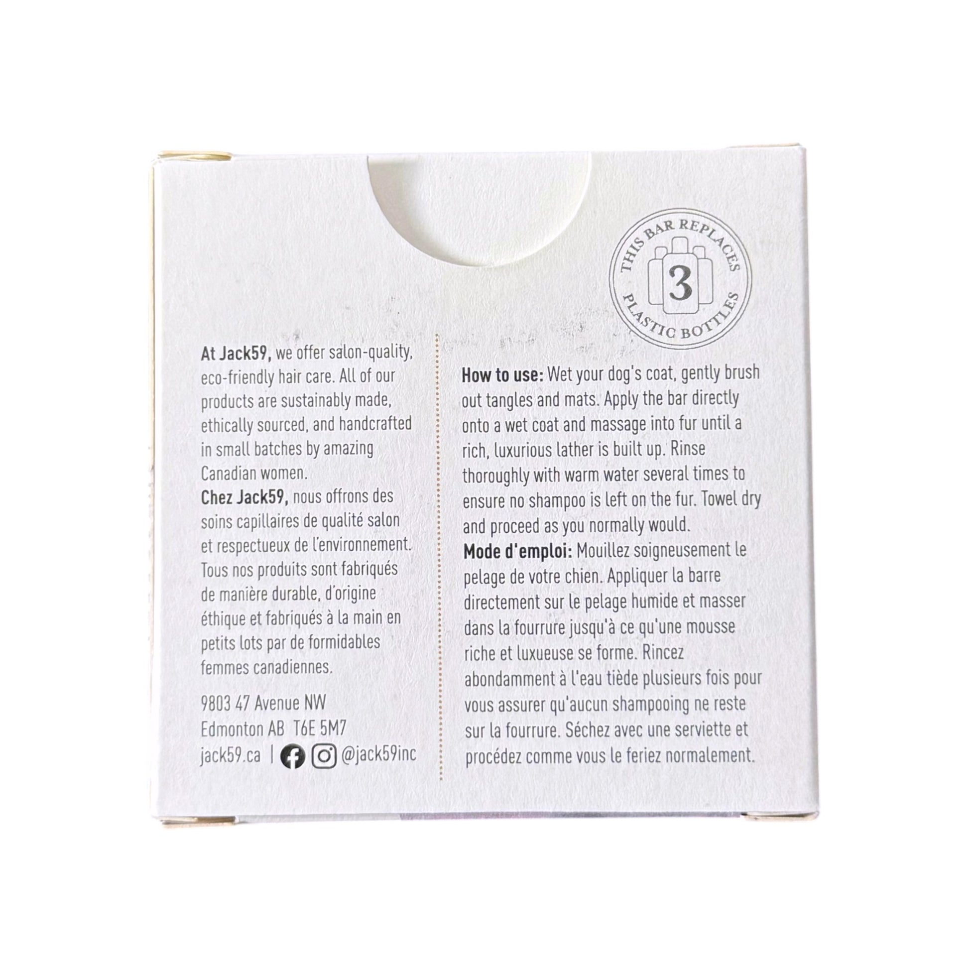 The back of a white cardboard box for Jack59 dog shampoo, featuring company information and usage instructions in English and French.