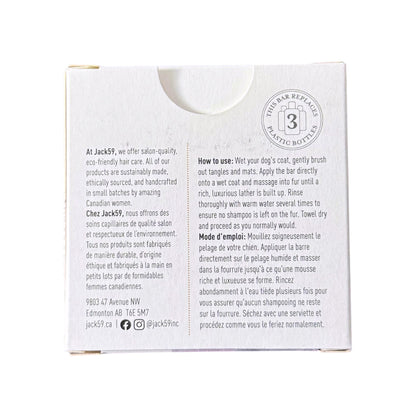 The back of a white cardboard box for Jack59 dog shampoo, featuring company information and usage instructions in English and French.