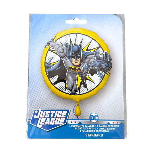 A packaged round foil balloon featuring Batman from Justice League, with a yellow border and comic-style artwork, mounted on a blue retail card with DC and Justice League branding.