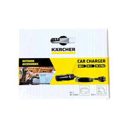 Kärcher car charger accessory retail packaging, featuring a white box with a yellow and black label and an illustration of the car charger.