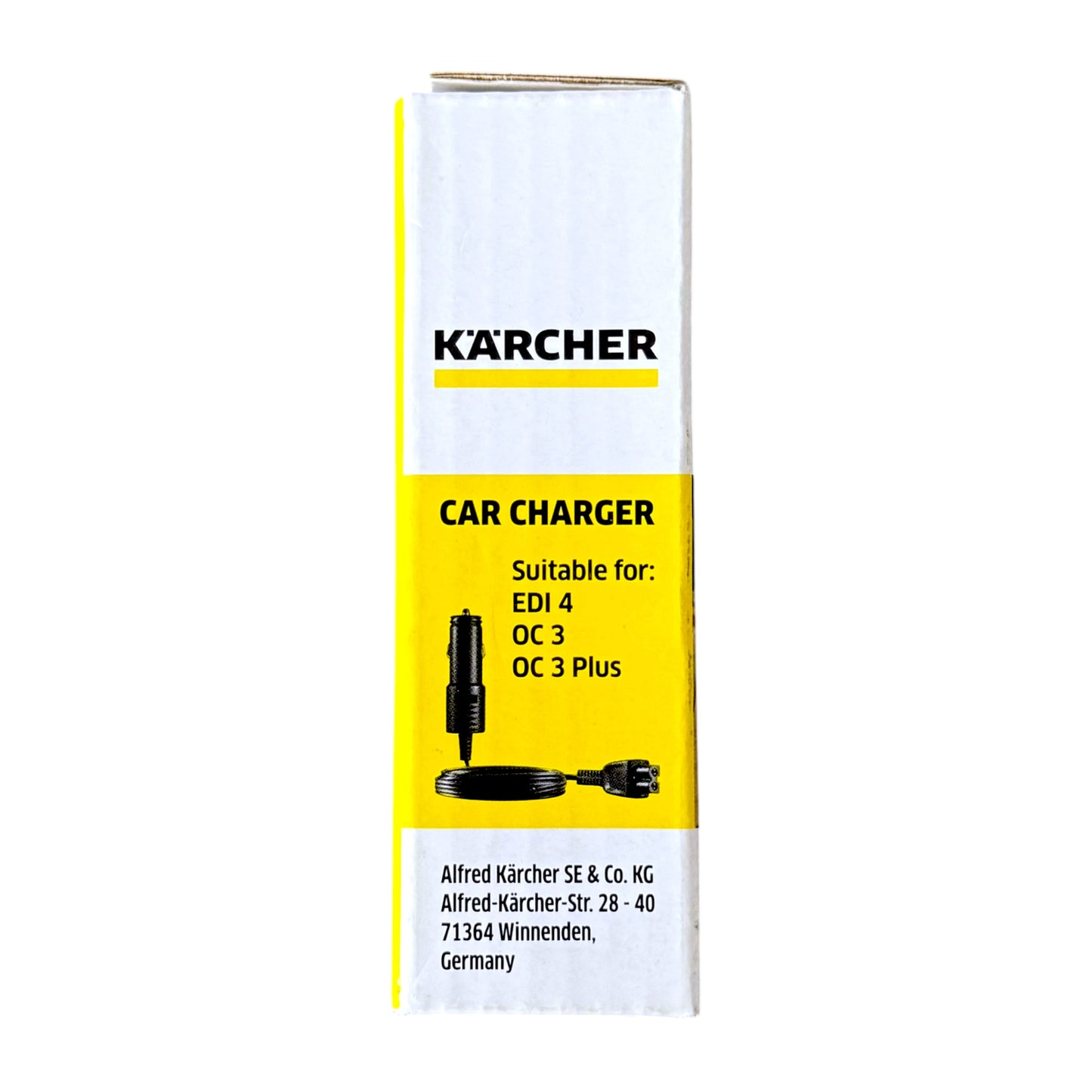 A Kärcher Car Charger box on a plain white background. The packaging is primarily white with a bold yellow band across the middle and black text and product imagery.