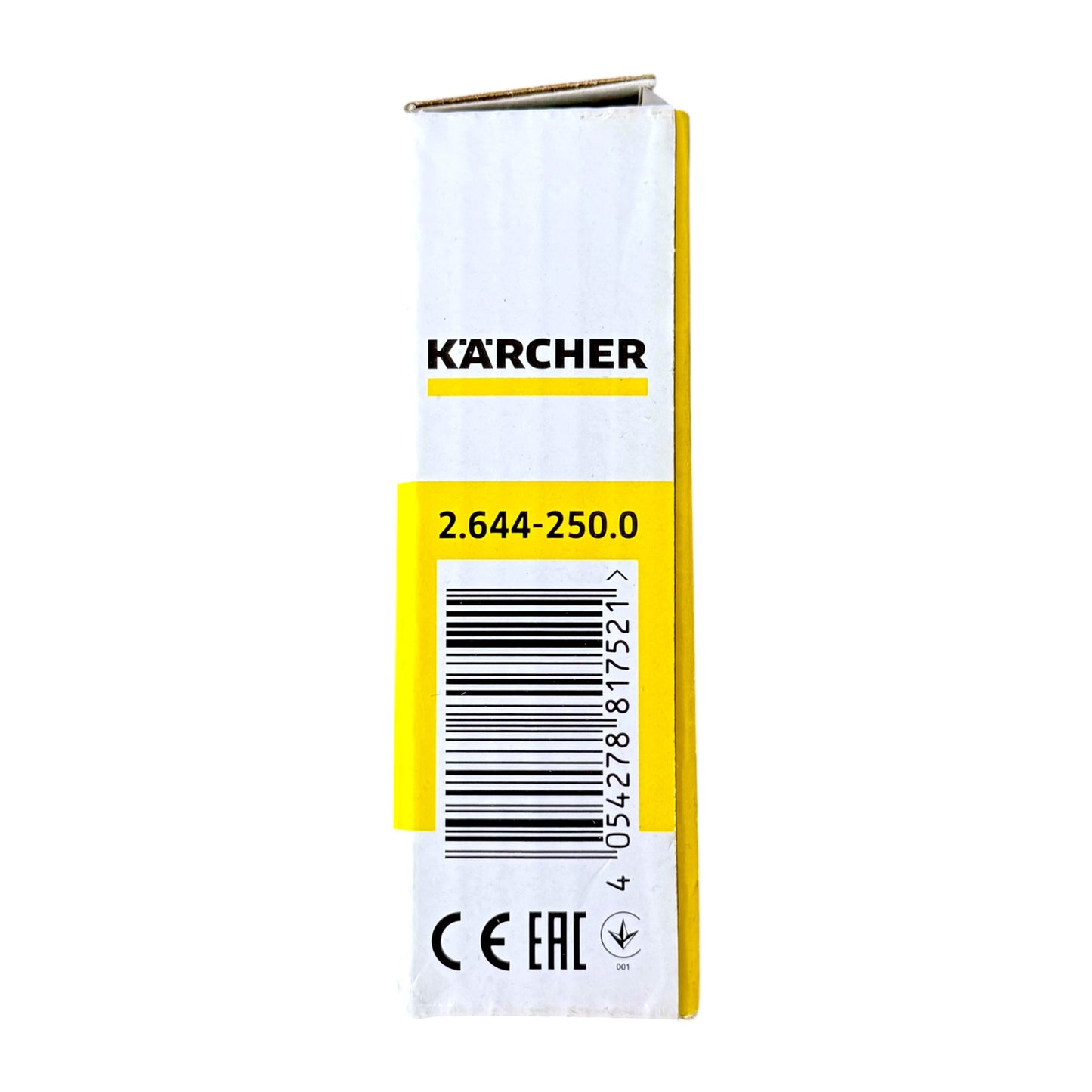 A cardboard box with yellow side panels and a yellow band across the middle. The brand name KARCHER is printed in black near the top, with a barcode and model number