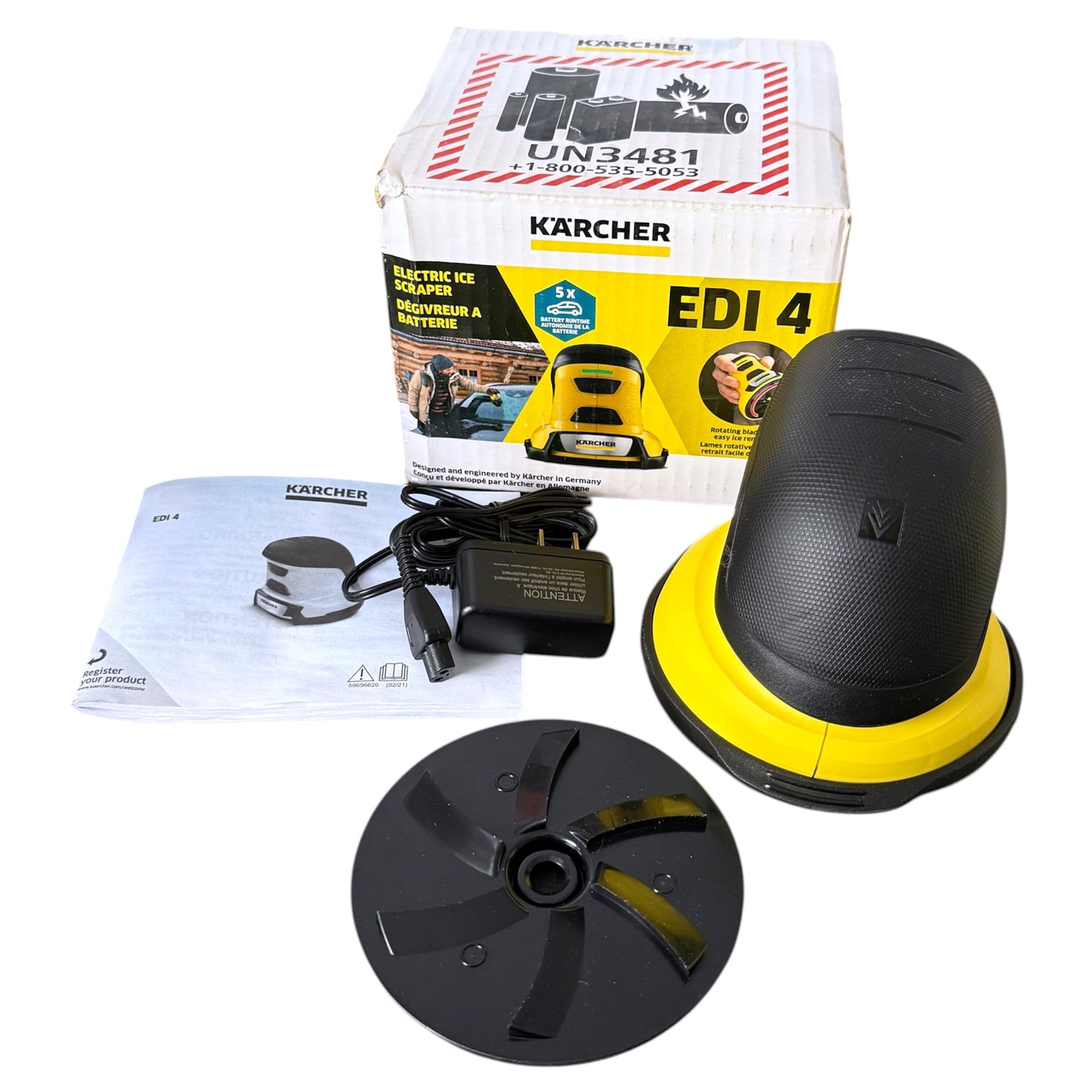 Karcher EDI 4 electric car scrubber with packaging and accessories on a white background