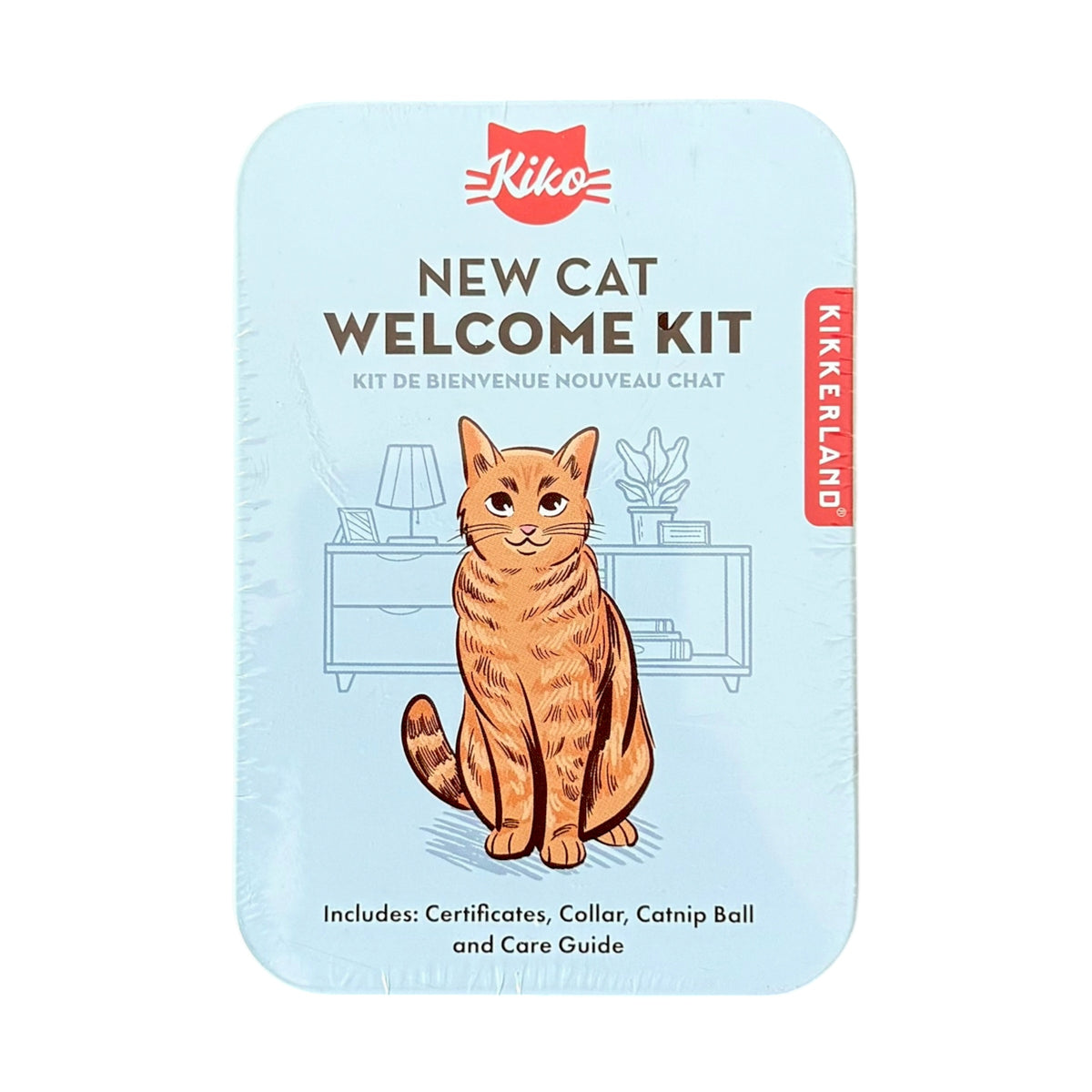 Kikkerland Kiko New Cat Welcome Kit packaging, featuring a light blue background with an illustration of an orange tabby cat, red Kiko logo, and a vertical red KIKKERLAND banner on the right side.