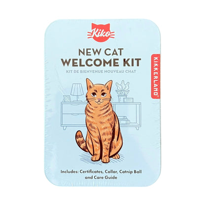 Kikkerland Kiko New Cat Welcome Kit packaging, featuring a light blue background with an illustration of an orange tabby cat, red Kiko logo, and a vertical red KIKKERLAND banner on the right side.