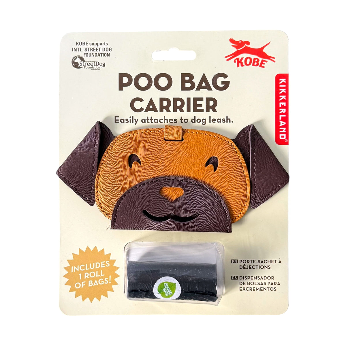 Kobe Kikkerland Poo Bag Carrier dog leash accessory in retail packaging, featuring a brown and tan dog-face shaped holder with a clear plastic dispenser window containing black pull-string bags.
