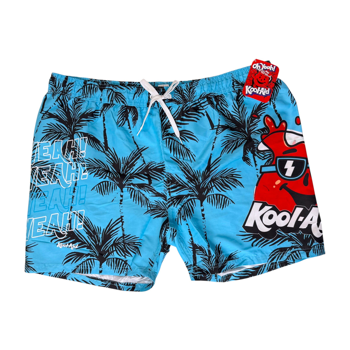 Blue Kool-Aid branded swim trunks with a black palm tree pattern, white drawstring, and red cartoon graphic on the right leg, shown flat on a white background.